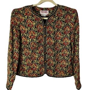 MAGGY LONDON 100% Silk Black Gold Baroque Print Blazer Jacket Size 10P Old Money